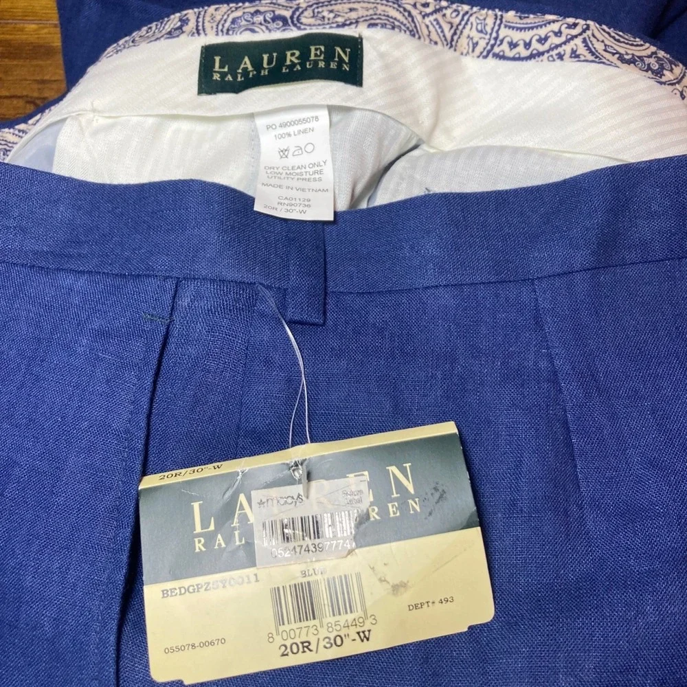 Lauren Ralph‎ Lauren Women's Blue Linen Dress Pants Size 20R 30W New With Tags